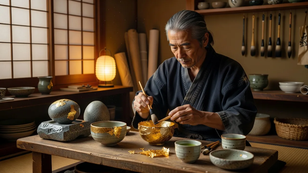 器に金色の装飾を施す作業風景のイメージ
