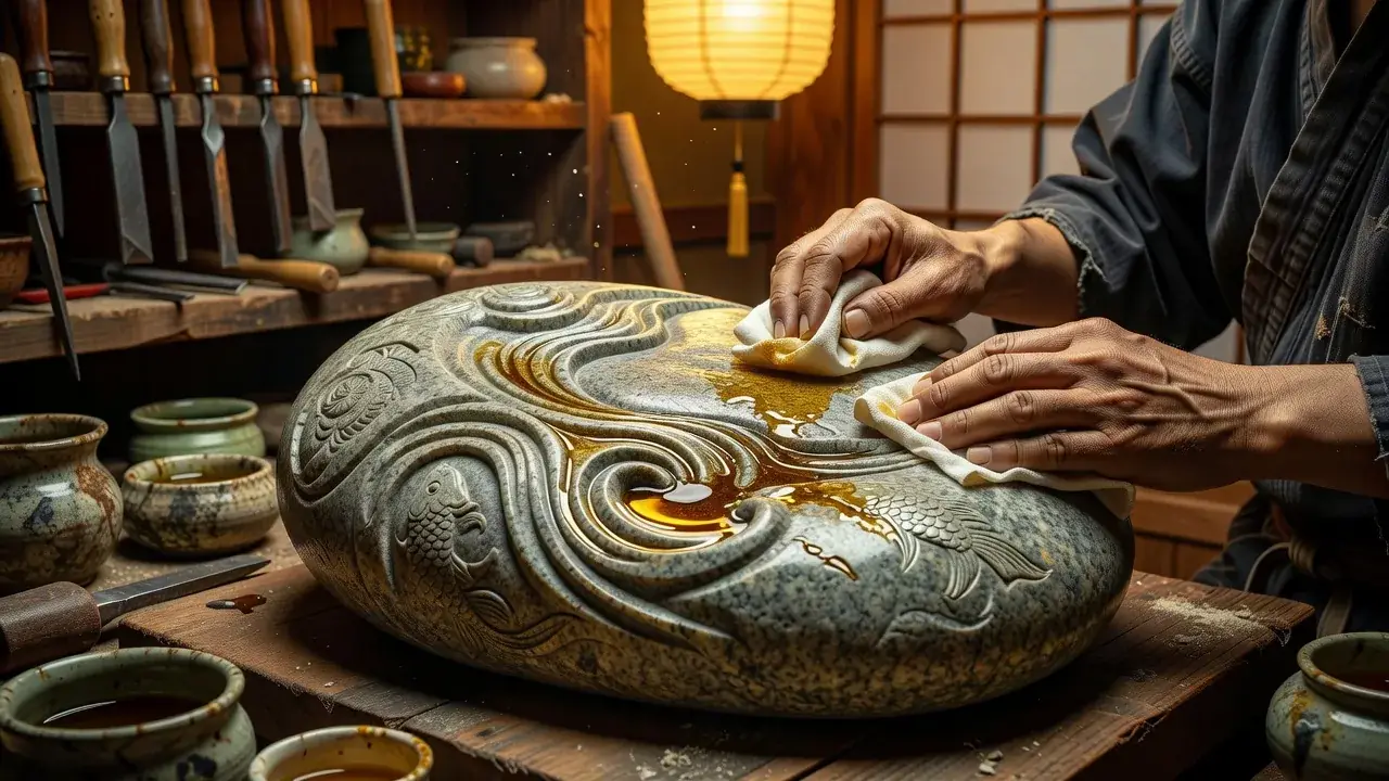 石にオイルで仕上げを施す作業風景のイメージ