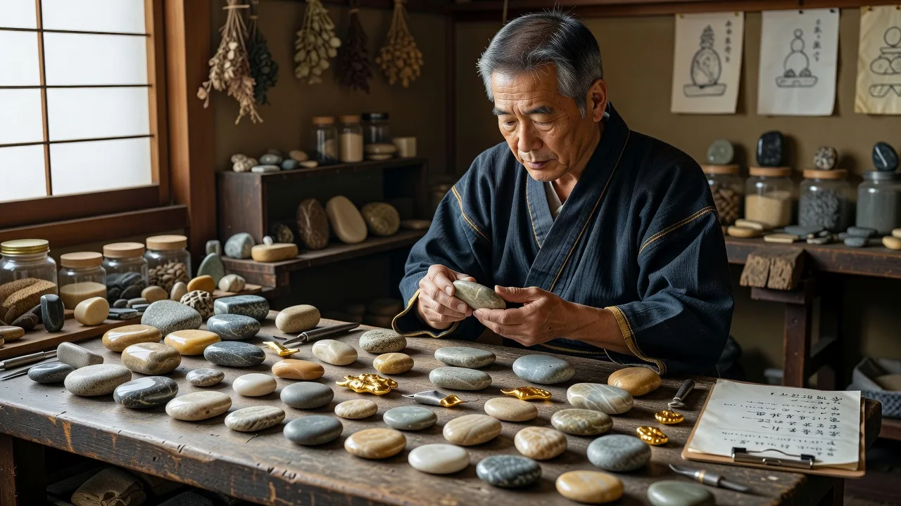 天然石を選ぶ作業風景のイメージ