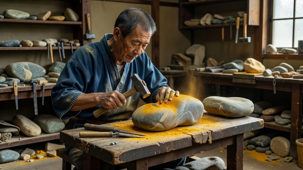 道具で石を成形する作業風景のイメージ