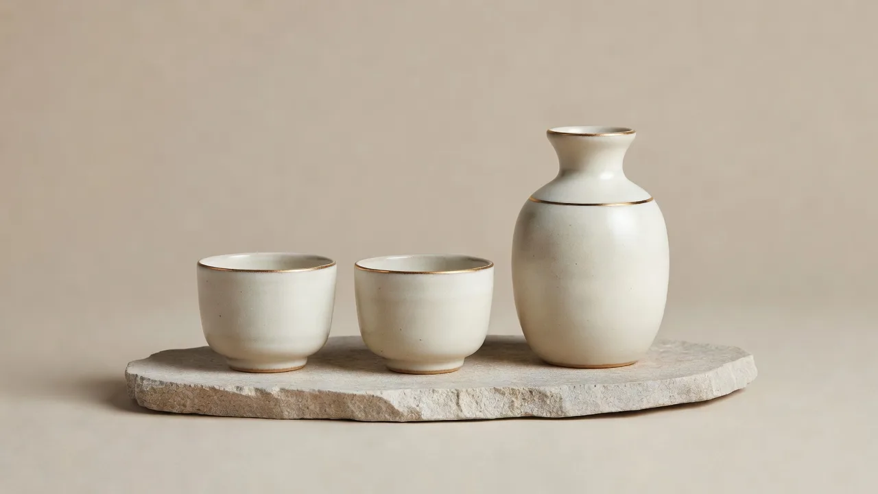 石のトレイにのせた酒器セット